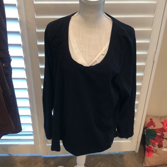 Marina Rinaldi black pullover top. Nice white detailing at neck and cuff. Classy - Picture 2 of 9